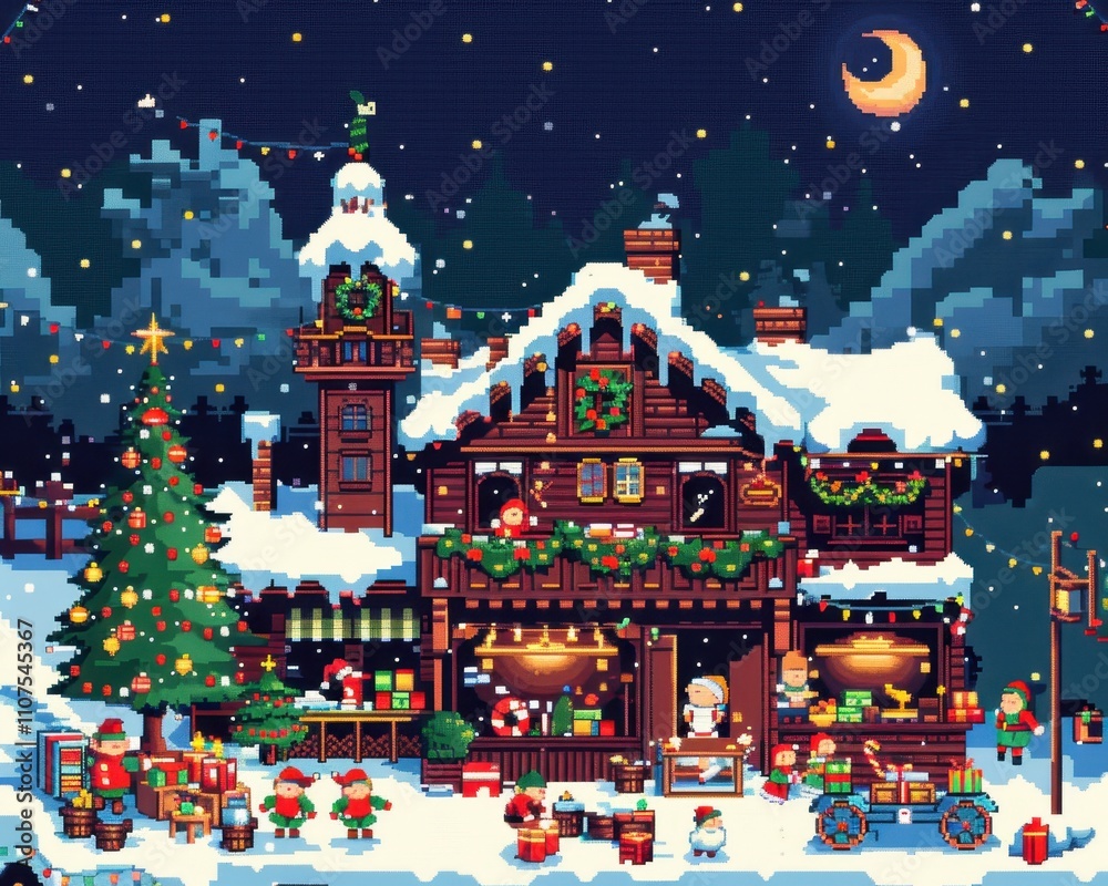 Fototapeta premium Pixelated Christmas Village Night Scene 