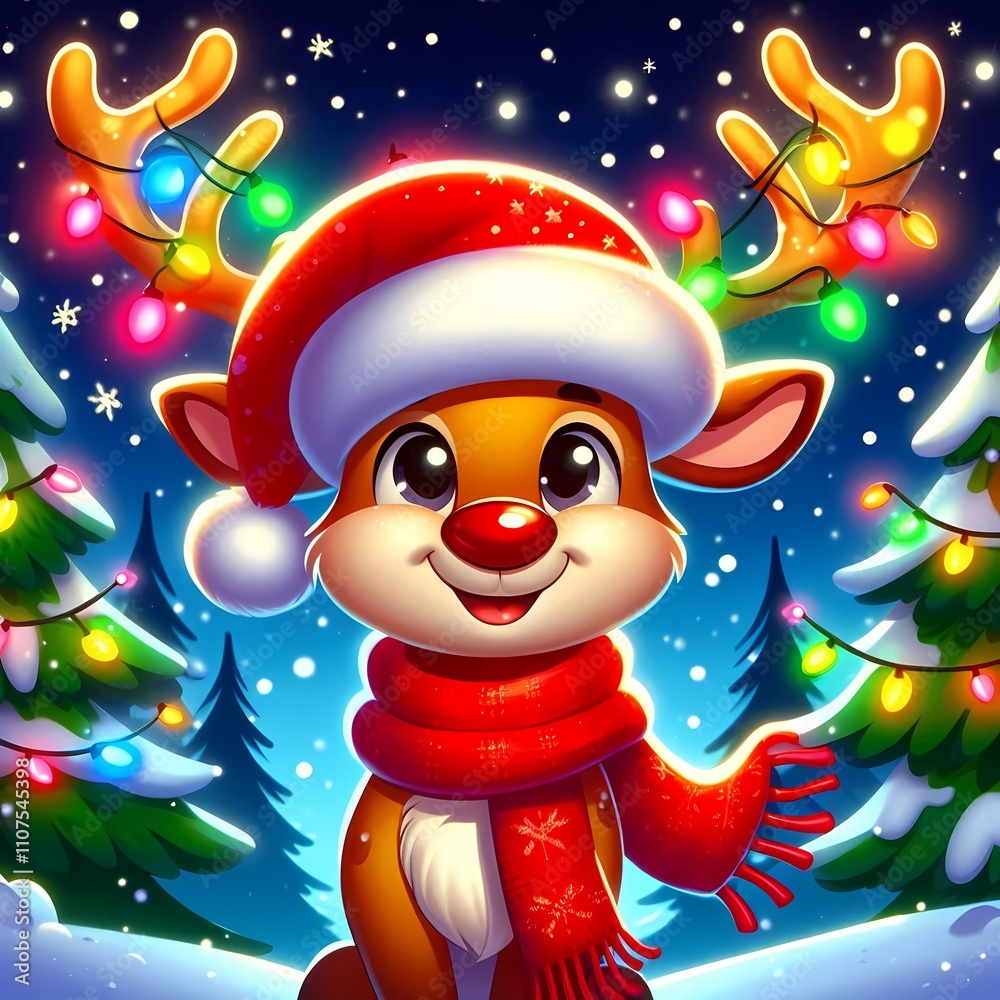 Fototapeta premium Joyful reindeer wearing Santa hat and scarf stands in a winter wonderland with colorful lights snow