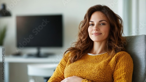 A woman relaxing in a cozy room, dressed in a yellow knit sweater, exuding warmth and contentment, with a modern interior backdrop including a computer screen. photo