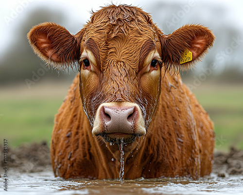 A close-up of a brown cow in a muddy puddle. photo