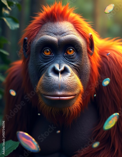 a very smooth orangutan face, red yellow green purple orange blue colors, lights and rays, colorful agate stones, falling green leaves, three-dimensional life