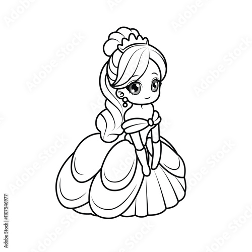 Adorable chibi princess with big eyes. Perfect black-and-white outline for coloring pages. Belle