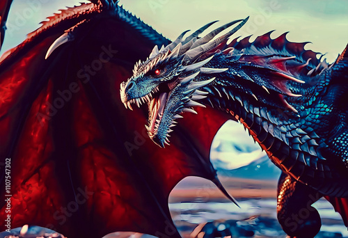 Red Dragon on the Mountain Top. Animal Character Design. Fantastic Style.Generative AI
 photo