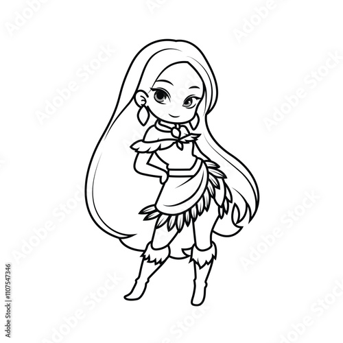 Adorable chibi girl with big eyes. Perfect black-and-white outline for coloring pages. photo