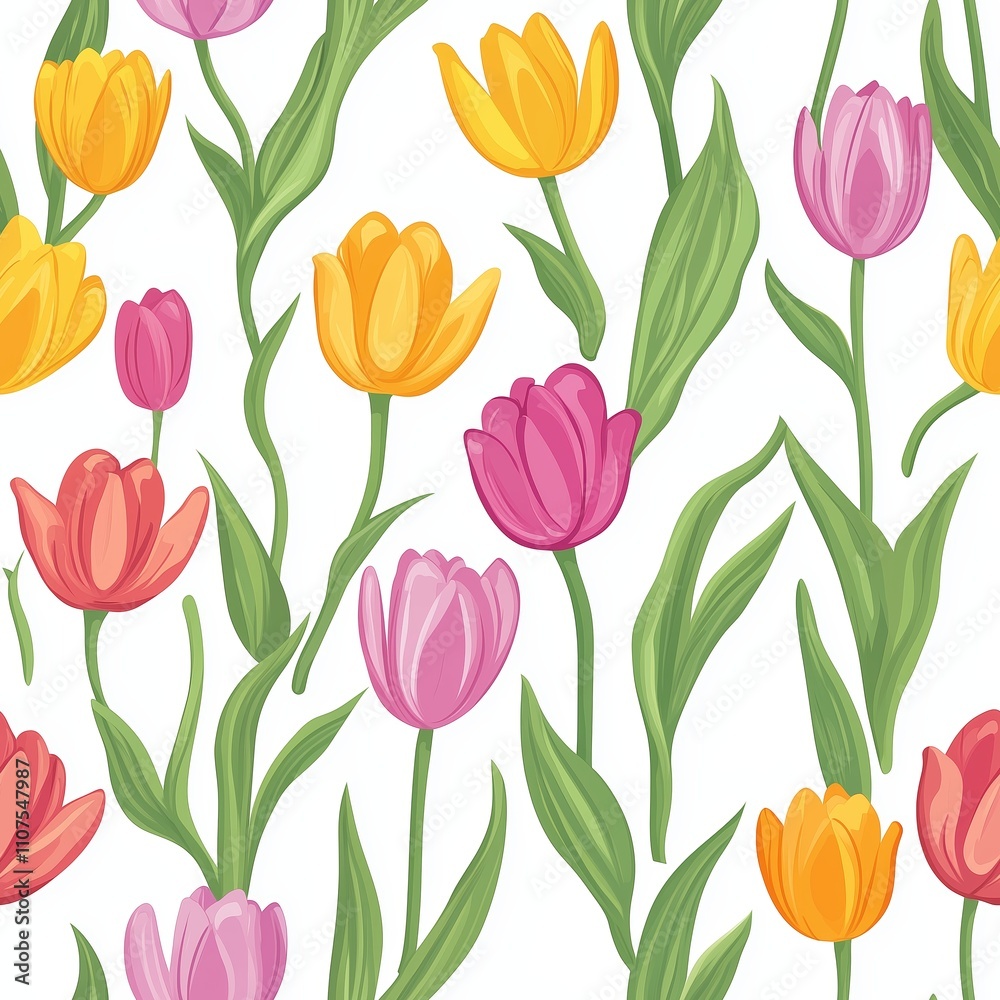 Obraz premium Floral pattern with vibrant tulips and leaves in bright colors on a white background captures the essence of springtime