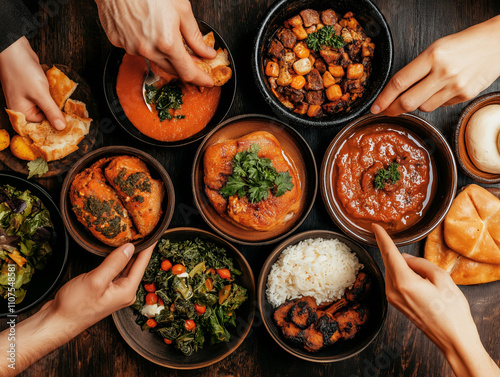 A variety of flavorful dishes and fresh salads being shared by multiple hands at a table
