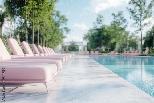 A serene poolside scene featuring pink loungers and lush greenery.