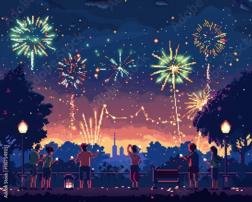 Pixelated Fireworks Night Celebration 