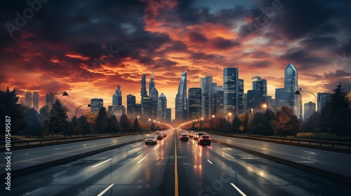 The motion blur of a busy urban highway during the evening rush hour with city skyline serves as the background