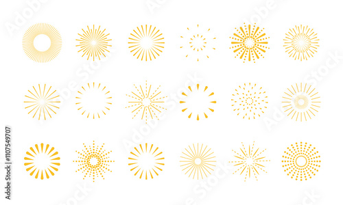 Set of firework icons, starburst, bright explosions and sparkles for celebrations. Vector flat illustration