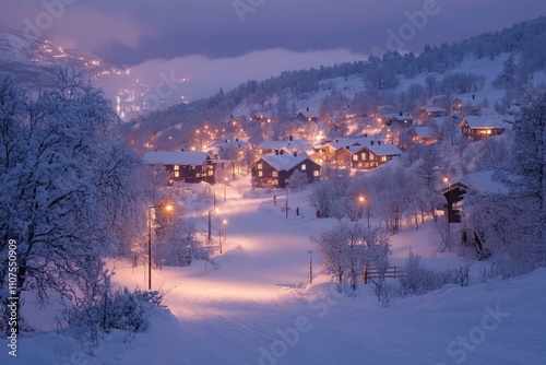 Chairlifts going down illuminated ski slopes at twilight in winter resort photo