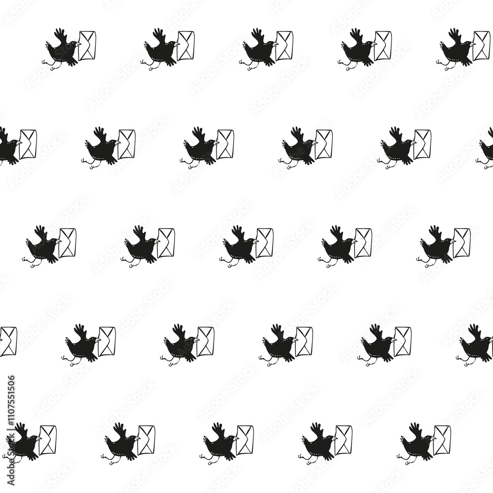 Fototapeta premium Seamless pattern with flying funny birds carrying an envelope