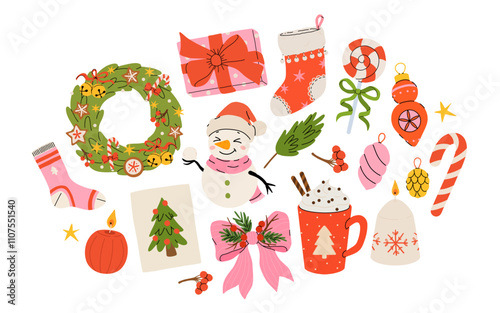 Cozy collection of Christmas and New Year items. Set of traditional winter symbols, elements and decorations christmas tree, wreath, mistletoe, candles, clothes and other. Colored flat illustration