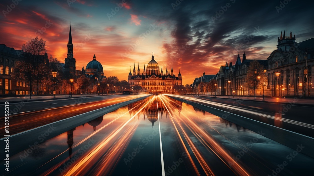 Obraz premium The motion blur of a busy urban highway during the evening rush hour in city skyline serves as the background