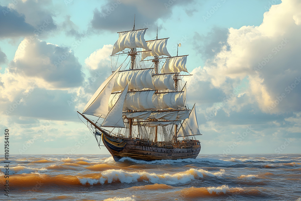 Fototapeta premium Majestic sailing ship on ocean waves under cloudy sky.