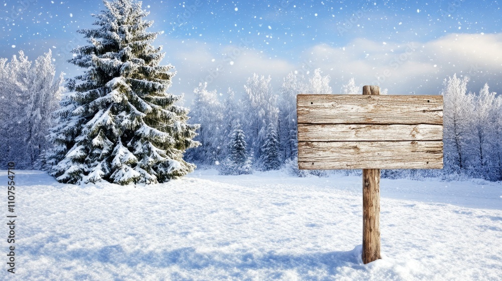 Naklejka premium Snowy landscape featuring pine tree and blank wooden sign against winter sky