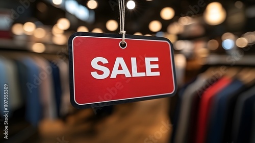 Red sign with white word 'SALE' hanging in retail store against blurred background of clothes and lights, signifying retail sales, discounts and promotions in a stylish shopping environment. photo