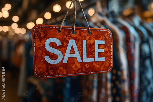 Red sign with white word 'SALE' hanging in retail store against blurred background of clothes and lights, signifying retail sales, discounts and promotions in a stylish shopping environment. photo