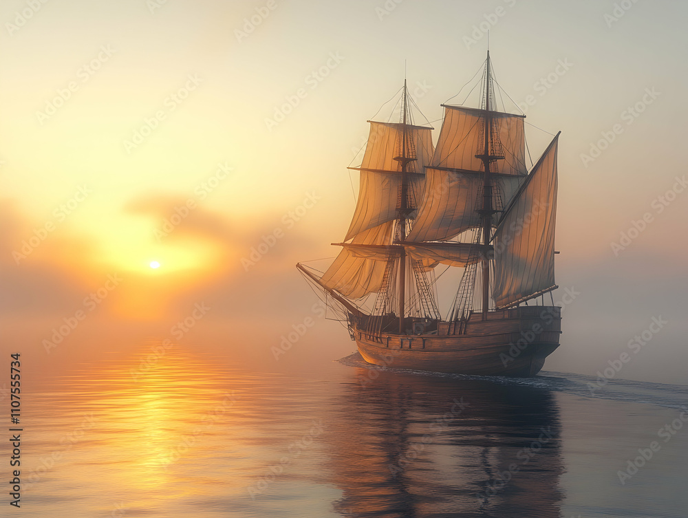 Obraz premium Sailing ship at sunset in foggy sea.
