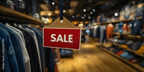 Red sign with white word 'SALE' hanging in retail store against blurred background of clothes and lights, signifying retail sales, discounts and promotions in a stylish shopping environment. photo