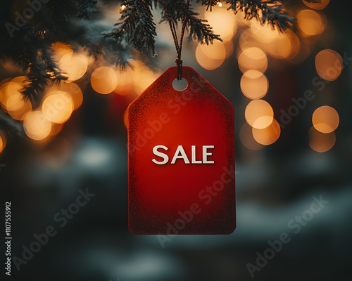 Red sign with white word 'SALE' hanging in retail store against blurred background of clothes and lights, signifying retail sales, discounts and promotions in a stylish shopping environment. photo