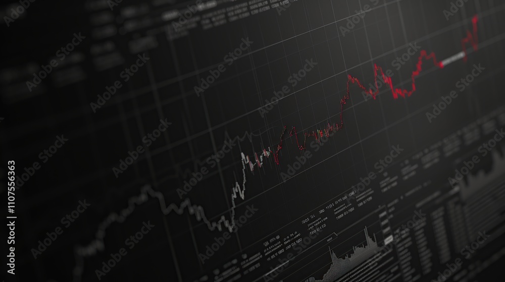 Naklejka premium A dark-themed financial chart displaying stock market trends and data analysis.