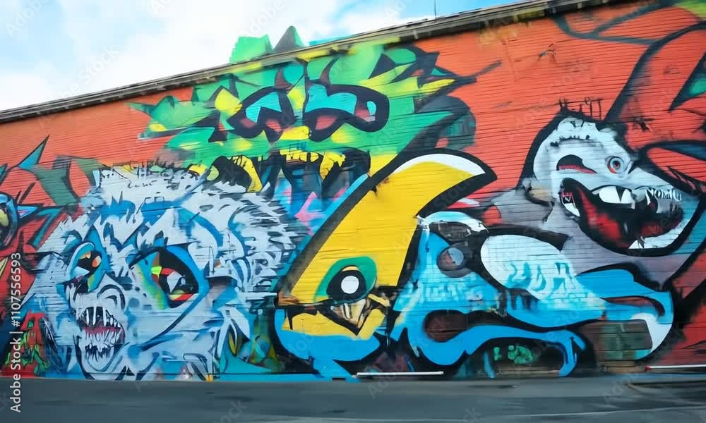 Dynamic graffiti creatures evolve across an urban wall, fusing bright colors and edgy designs with artistic fluidity in a vibrant city setting