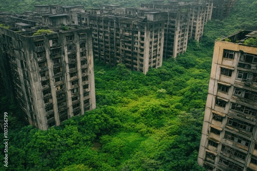 Abandoned high-rise buildings with broken windows and overgrown balconies, towering over forgotten cities #1107556799