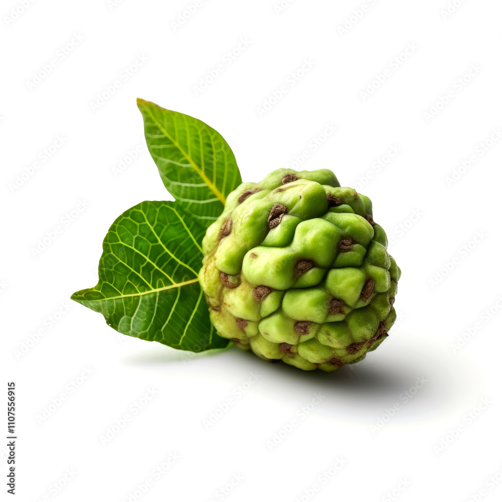 Fototapeta premium Close-up of a fresh green Noni fruit with leaves isolated on white background.