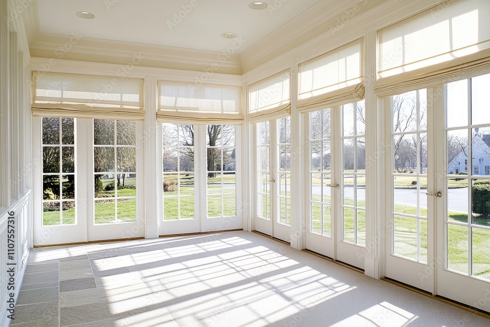 Fototapeta premium Bright white sunroom adorned with shades on all doors and windows, seen from the outside during a sunny afternoon