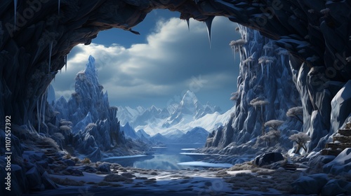 Winter landscape featuring a frozen ice cave