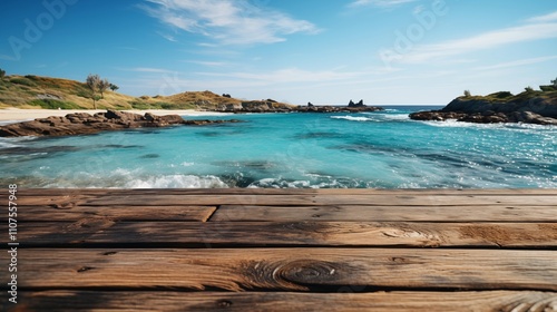 Wooden table on the background of the sea, island and the blue sky. High quality