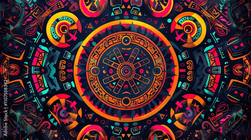 Fototapeta premium Vibrant Abstract Artwork Featuring Geometric Aztec Inspired Designs