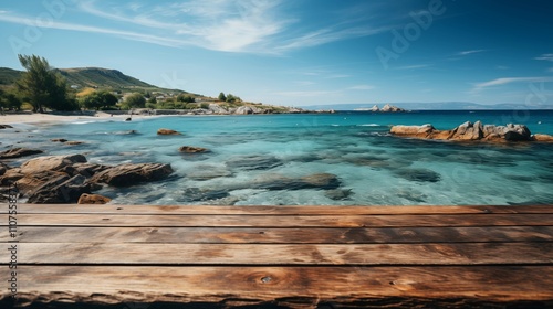Wooden table on the background of the sea, island and the blue sky. High quality