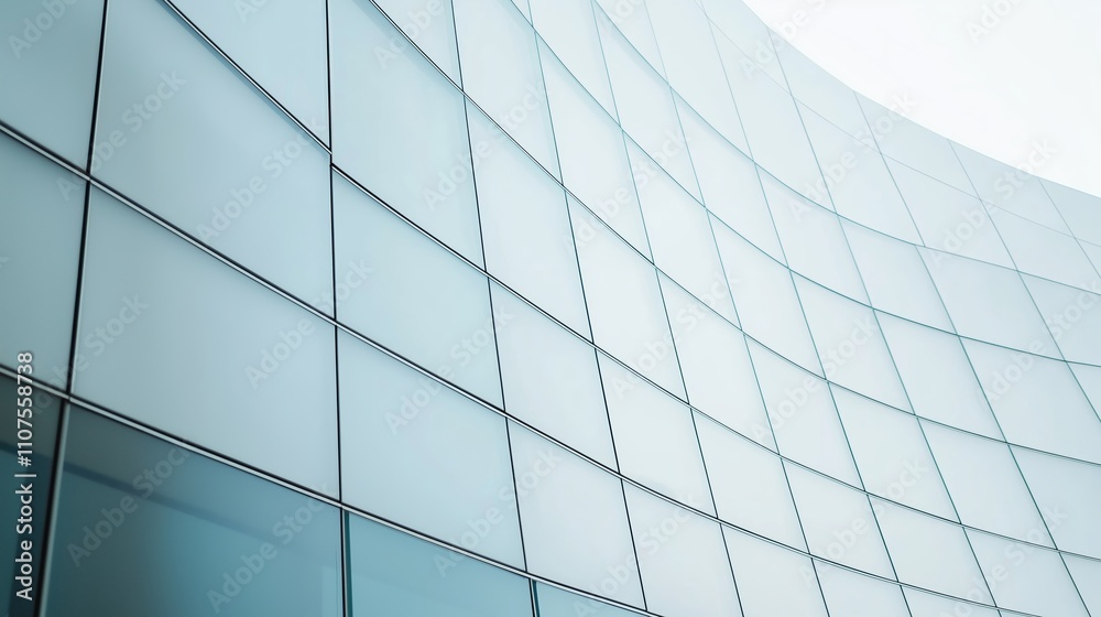 Fototapeta premium Modern architectural design features a shimmering glass facade in an urban setting under bright daylight