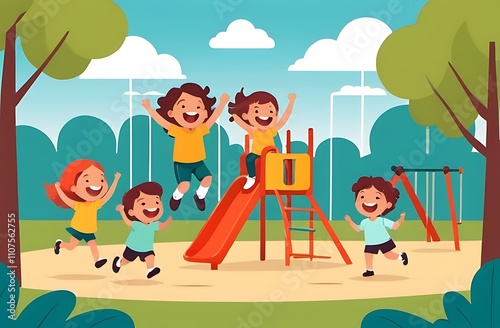 A group of children play joyfully in a playground, their laughter filling the air. The carefree energy of the moment is filled with positivity., flat design illustration Afficher moins photo