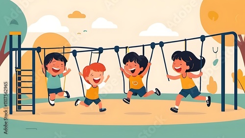 A group of children play joyfully in a playground, their laughter filling the air. The carefree energy of the moment is filled with positivity., flat design illustration Afficher moins photo