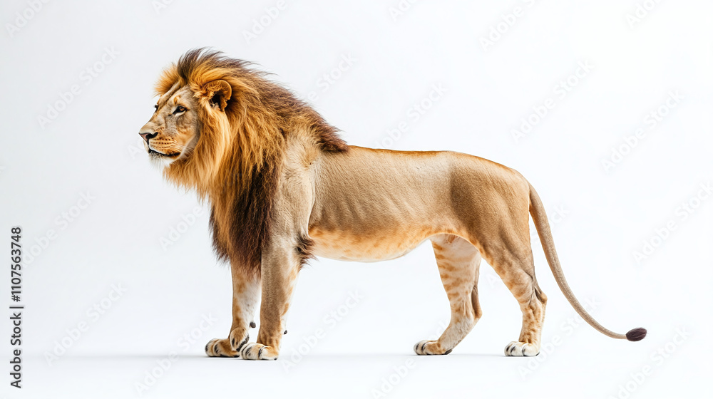 Obraz premium Full body lion side view portrait standing isolated on white background. wild male carnivore predator cat animal with mane, africa jungle king, danger, power, big.