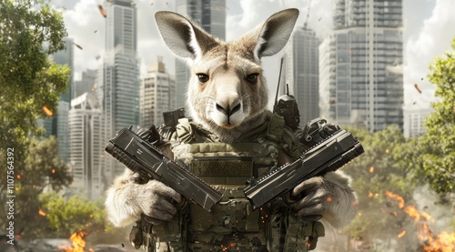 A kangaroo in military gear holds weapons against a city backdrop, blending humor and action. photo