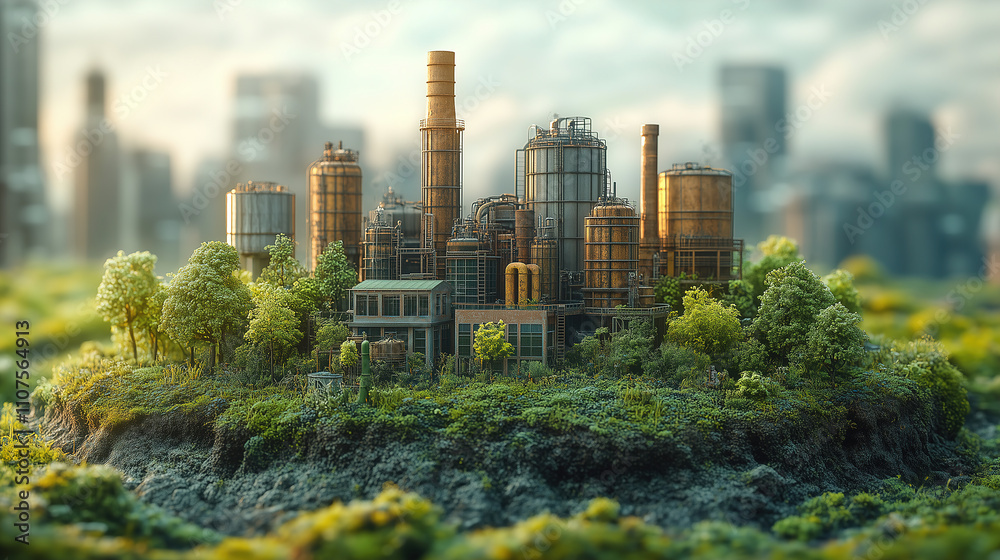 Obraz premium Industrial facility surrounded by lush greenery in a modern urban setting at dawn. Generative AI