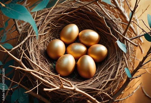 Capturing the Lustrous Gold Eggs in a Radiant Nest photo