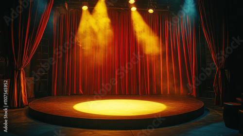 Yellow spotlight circle on stage with red curtain in background. theater cinema comedy drama entertainment show performance, movie film event scene, empty circus at night.