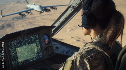 A skilled woman pilot navigates a military drone from her control station, focused on the desert landscape outside. The advanced technology assists in mission operations. photo