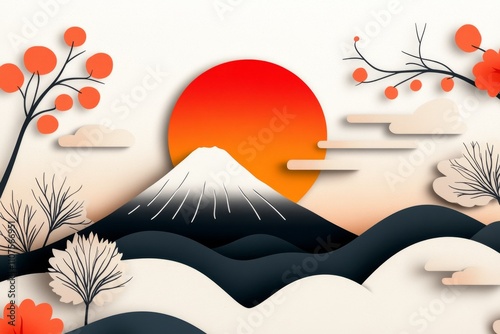 A beautiful Japanese New Year card with Mount Fuji as the centerpiece, complemented by soft and refined wagara patterns in a peaceful background photo