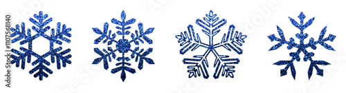Vector illustration of four blue glitter snowflakes on a white background, perfect for winter and festive projects.