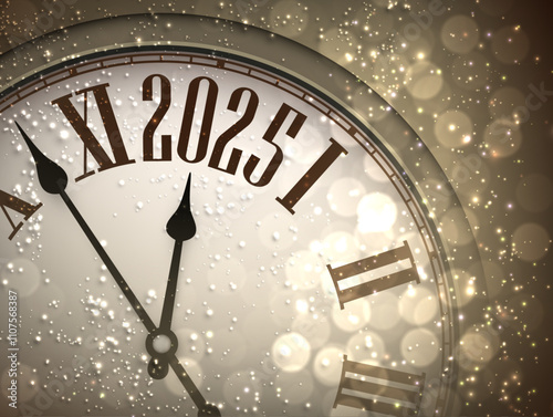 Vector illustration of a classic clock striking midnight for 2025, surrounded by golden sparkles and bokeh lighting effects.