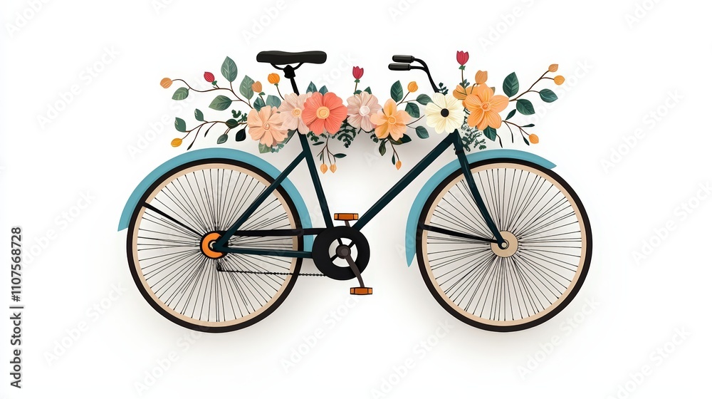 Fototapeta premium A charming bicycle adorned with vibrant flowers, perfect for spring-themed designs and creative projects.