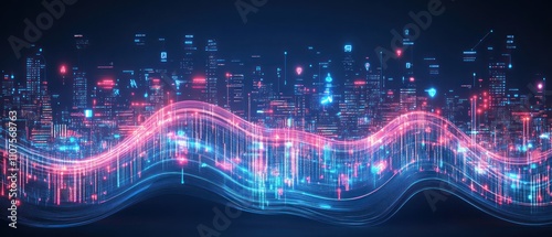 Abstract cityscape with vibrant digital waves and lights representing technology and data flow