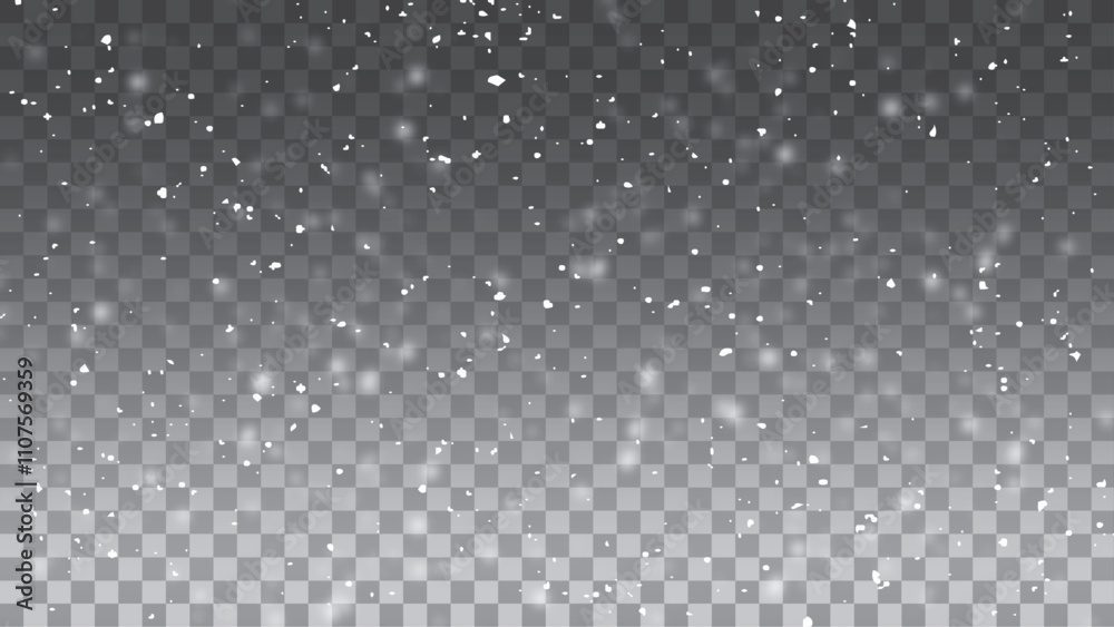 Snow flakes, snow and blizzard falling  on transparent background vector. Snow storm effect, blurred, cold wind with snow png.