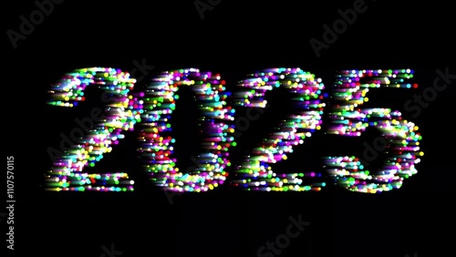 Beautiful illustration of 2025 with colorful bokeh particles on plain black background